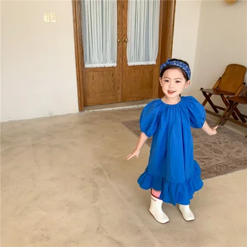 Sommer fashion piger blå casual kjoler koreansk stil flæser børn blød løs lange stil kjole 1-6Y 101704