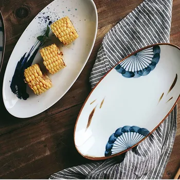 FANCITY Japansk restaurant og håndmalede keramiske farver sushi tallerken Oval Skål bolle plade Japansk stegt fisk plade 10171