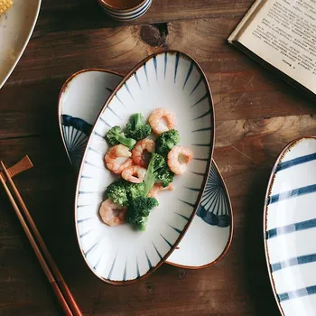 FANCITY Japansk restaurant og håndmalede keramiske farver sushi tallerken Oval Skål bolle plade Japansk stegt fisk plade