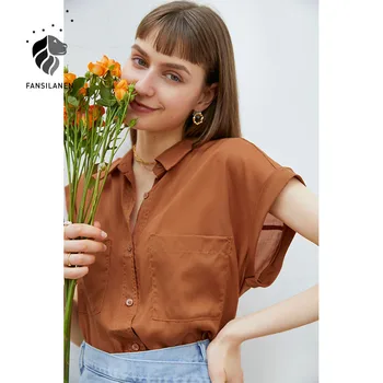 FANSILANEN Kontor Dame kortærmet Skjorte Kvindelige Sommeren 2021 Tyndt Design Niche fransk Orange POLO Krave Retro Top 101730