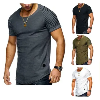 2020 nye kort-langærmet ensfarvet, kortærmet t-shirt plisserede skulder jacquard striber Slim T-shirt til mænd casual sports wild T-shirt 103