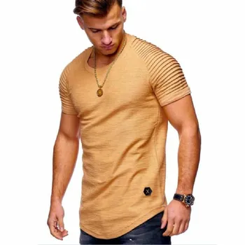 2020 nye kort-langærmet ensfarvet, kortærmet t-shirt plisserede skulder jacquard striber Slim T-shirt til mænd casual sports wild T-shirt