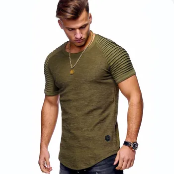 2020 nye kort-langærmet ensfarvet, kortærmet t-shirt plisserede skulder jacquard striber Slim T-shirt til mænd casual sports wild T-shirt