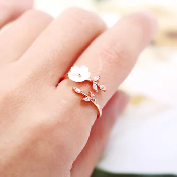 Nye Glamour Blomst Justerbar Ring for Kvinder Bryllup Rose Gold Zircon Blad Åbne Finger Ring Bryllup Smykker 103154