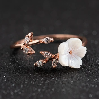 Nye Glamour Blomst Justerbar Ring for Kvinder Bryllup Rose Gold Zircon Blad Åbne Finger Ring Bryllup Smykker