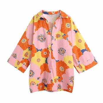 Nye Kvinder Revers Trykt Løs Pullover Kimono Shirt med Lange Ærmer Plus Size Harajuku Smarte Kvindelige Top 104832