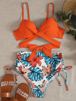 BLESSKISS Sexet Push Up Bikini Høj Talje Badedragt Kvinder 2021 Tværs af Lace-up Trykt Shorts Badetøj badetøj Svømme Sæt Orange 10525