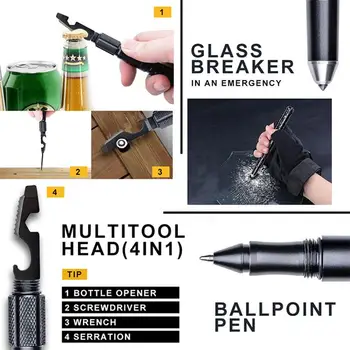 Multi-funktionel Militære Taktiske Pen Multifunktion selvforsvar Aluminium Legering Nødsituation Glas Afbryder Pen Udendørs EDC Securit 110867