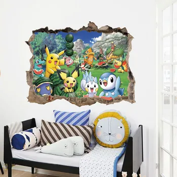 Anime Pokemon Aftagelige vægklistermærker Kawaii Pikachu, Jigglypuff 3D Overføringsbilleder Børnehaven Hjem Indretning Drenge Soveværelse Stue Kunst Vægmaleri