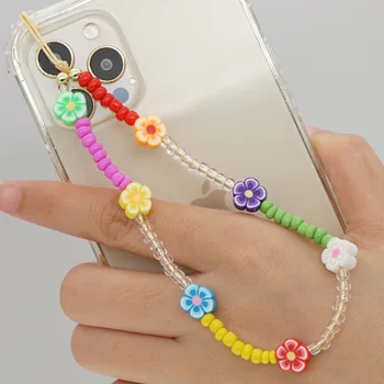 Koreansk Stil Perle Telefon Kæde Daisy Blomst Bløde Keramik Mobile Phone Strap Lanyard Mobiltelefon Tilfælde Hængende Ledning Kæder Smykker