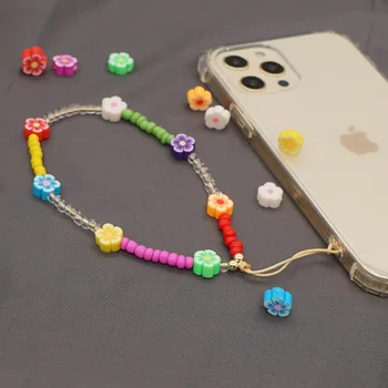 Koreansk Stil Perle Telefon Kæde Daisy Blomst Bløde Keramik Mobile Phone Strap Lanyard Mobiltelefon Tilfælde Hængende Ledning Kæder Smykker