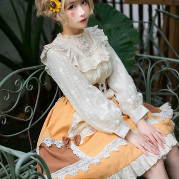 Japansk pastorale stil sød lolita kjole vintage blonder sløjfeknude gitter høj talje victoriansk kjole kawaii pige gothic lolita jsk 111638
