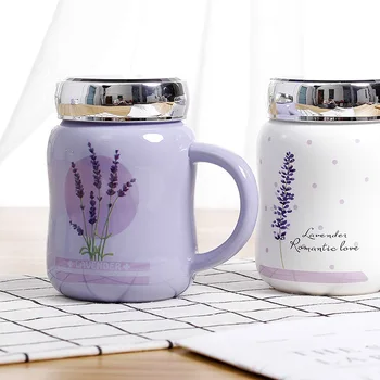 Lavendel Tegnefilm Keramiske Vand Krus med låg Spejl Tætning Tætte Krus Mode Kop Mælk Juice Cup Home Office Drinkware 500ml 113302