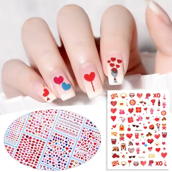 1 Ark 3D Rød Lip Print Design Nail Sticker Valentine ' s Day Farvet Kærlighed Hjerte Mønster Selvklæbende Søm Mærkat DIY Nail Decor