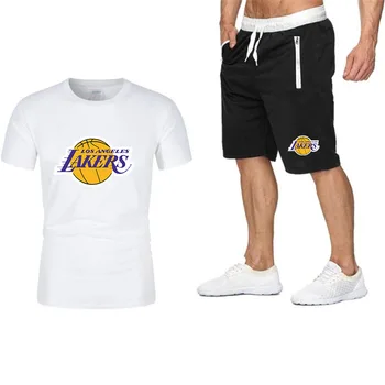 Forår Sommer Lakers Konkurrence Mænds Tøj Grafisk Bomuld Udskrivning Oversized T-shirt+Shorts Sæt træningsdragt 115046