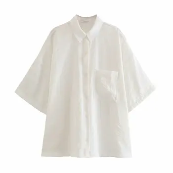 Hvid kortærmet Skjorte Za 2021 Revers Lempelige Cuff Single-breasted Bag Justerbar Front Lomme Shirt Afslappet Mode Shirt 115923