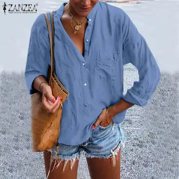 Halvdelen Stolpe Vintage Blusa Baggy Shirts 2021 ZANZEA Kvinder Stilfulde Stå Krave Lange Ærmer Casual Bluse Ferie Femininas Toppe 116980