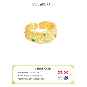 925 Sterling Sølv Charmerende Uregelmæssige Kæde Geometriske Ringe Guld Åbne Ringe Til Kvinder, Mænd Grøn Zircon Part Gaver Tilbehør