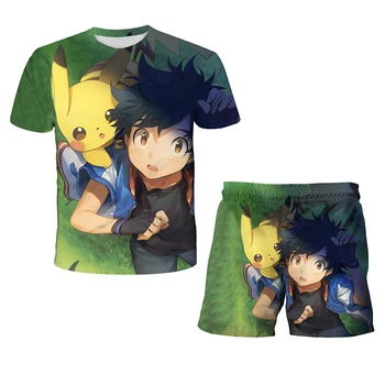 Pokemon T-shirt Passer Mode Drenge T-Shirt i 2 Stykker, Sæt, T-shirt & Shorts børnetøj Sæt Pikachu Piger Drenge Tøj 118288