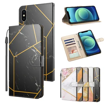 Flip Wallet Læder taske til IPhone 12 11 Pro Max antal XR XS 6 7 8 Plus Etui Geometrisk Mønster, Marmor-Kort Slot Fuld Beskyttelse Cover 121943