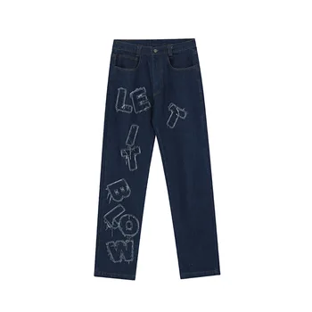 IEFB 2021 Efteråret Nye Mænd, er Denim Bukser High Street Vasket Jeans Til Mænd Vintage Brev Patchwork Lige Bukser Hip Hop Y5725 125025