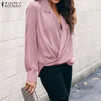 Office-Shirt ZANZEA Fashion Kvinder Afslappet med Lange Ærmer i Kontrast Farve Bluse Baggy Satin Arbejde Toppe Foråret Elegante Outwear Chemise 125446