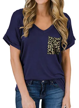 Sommer T-Shirt til Kvinder Raglan Ærme T-shirt Afslappet O-hals, Korte Ærmer Mode Leopard Lomme strakt Toppe, t-Shirts Kvindelige