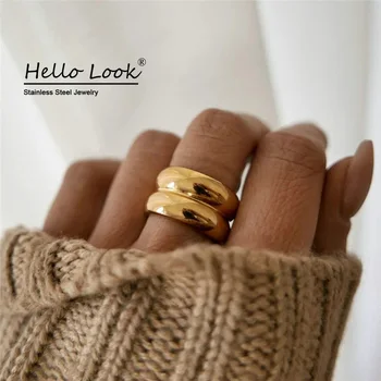 HelloLook Minimalistisk Dobbelt Lag Ring for Kvinder Vandtæt Rustfrit Stål Dobbelt Cirkler Stacking Ringe Nyt Design Smykker