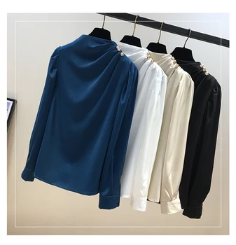 Vintage Lange Ærmer Toppe Damer Elegante koreansk Office OL Smarte Mode-Knappen Satin Afslappet Skjorte Bluse Kvinder 2021 Foråret 13187