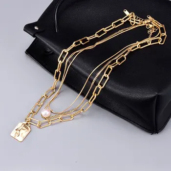 Europa-multilagsbelægning halskæde women ' s hals kæde Pearl titanium stål udplade 18K guld kravebenet kæde mode smykker 133389