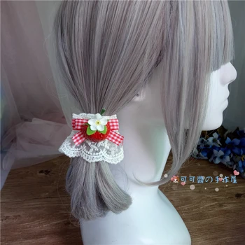 Lolita hår tilbehør jordbær hovedbøjle hår band hovedbøjle sød rød plaid bue side klippet duck munden lolita hovedklæde
