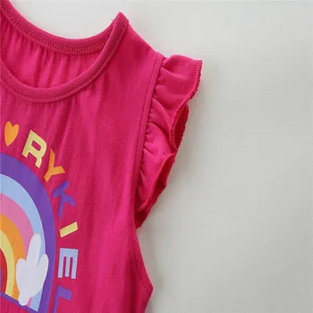 Nye Piger Bomuld Kjoler Med Flæser På Ærmerne Fashion Baby Prinsesse Kostume Rainbow Fuchsia Kids Tøj Kjole