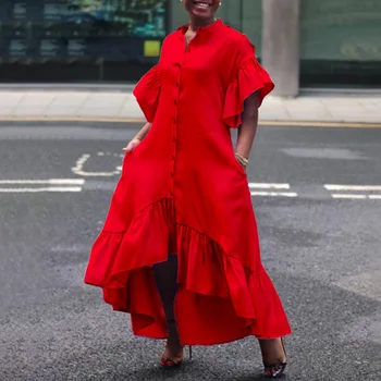 Afrikanske Kjoler Til Kvinder Mode Nye Afrika Asymmetrisk Falbala Løs Enkelt Breasted Elegant Aften Nat Part Kjole 2021 13706