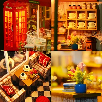 DIY Træ-café Dukkehus Miniature Møbler med Tilbehør Blomst Butik Dukke Hus Casa Roombox Legetøj for Voksne Gaver 137497