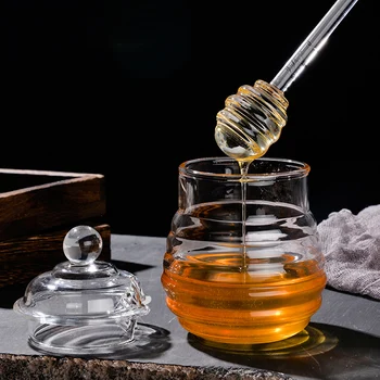 250ml Glas Honning Krukke, Høj borosilikatglas Honey Pot med Dipper Skeen Lille Køkken, Opbevaring Jar Beholder til Honning, Sirup 138069