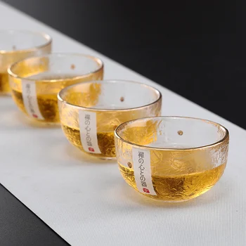 2021 Guld Glas Og Kop Te Skål med Glod Rim Japansk Stil Hånd Hammer Kung Fu Tilbehør Grøn Puer Tekopper Teaware Sæt
