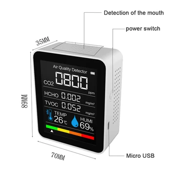 5 in1 Indoor Air Quality Monitor Lcd Digital co2-Luft Kvalitet Meter Real Time Intelligent luftkvalitetssensoren Tester co2-Detektor 139266