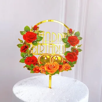 Nye Acrylic Farverige Blomster Happy Birthday Cake Topper Bage Kage Toppers Baby Brusebad Kids Fødselsdag Part Favoriserer Drcoration 1403