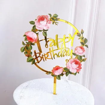 Nye Acrylic Farverige Blomster Happy Birthday Cake Topper Bage Kage Toppers Baby Brusebad Kids Fødselsdag Part Favoriserer Drcoration