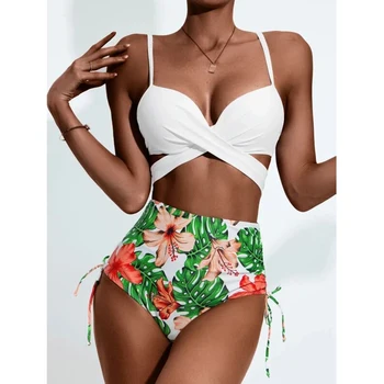 Trykt Bikini Beach Cover Up Kvinder Med Høj Talje Badedragt Kvindelige 2021 Sexet Tre Stykker Bikini Sæt Kryds Push Up Badedragt Svømme