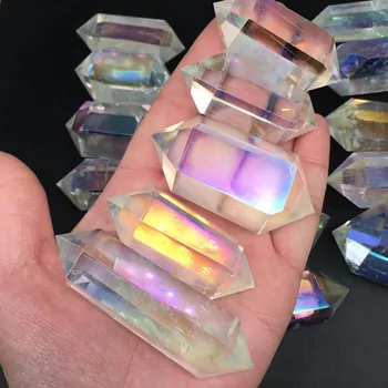 Titanium Rainbow Aura dobbelt wand point kvarts krystaller naturlige sten og mineraler healing dekoration 142367