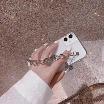 Korea Metal Sommerfugle Kæde Armbånd Gennemsigtig blød Phone Case For Samsung Galaxy S21 S20 Plus + Ultra FE S10 S9 S8 S6 S7 kant