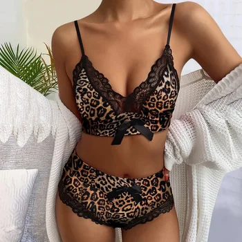 2021 Sexet Leopard Undertøj Sæt Nattøj til Kvinder Pyjamas Sæt Bue Babydoll Nattøj Søde Cami Top og Shorts, Pijama Mujer 144265