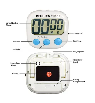 Køkken timer Magnetiske LCD Digital Nedtælling Alarm med Stå Hvidt Køkken Timer Praktisk Madlavning Ur