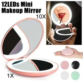 1pc Bærbare Make Up Spejl LED Makeup Spejl 10X Folde Rundt med Forstørrelsesglas, Kosmetiske Rejser Skønhed Ring Foto Fyld Lys Spejl 145205