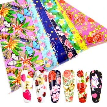 YWK 10stk blomsterdekorationer til Negle Mix Farverige Overførsel Nail Foil Mærkat Butterfly Selvklæbende Papir
