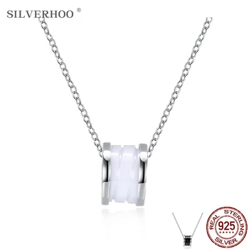 SILVERHOO 925 Sølv Halskæde Til Kvinden Charme Hvide Og Sorte Keramiske Cylinder Form Halskæde Design, Enkle Stil Sølv Smykker 146254