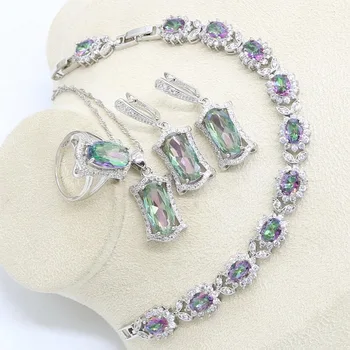 Luksus Dubai Sølv Bryllup Smykker Sæt til Kvinder Rainbow Sten Farverige Armbånd, Øreringe og Halskæde Vedhæng Ring gaveæske 147482