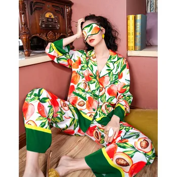 Forår/sommer-Is Silke Pyjamas Kvindelige langærmede Bukser Tynd 2 delt Sæt Fersken Print Satin Nattøj Revers Casual Glat Pjs