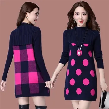 2020 Nye Efterår og Vinter Sweater Kjole Kvinders Pullover Mid-længde Kjole Kvindelige Lange ærmer Strikket Kjoler Plus Size A435